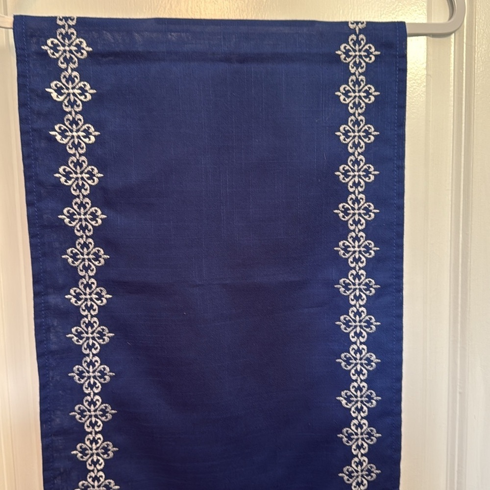 Blue Linen Table Runner with White Embroidered Floral Trim - Picture 2 of 4